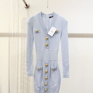 Authentic Balmain Light Blue Dress with Gold Buttons